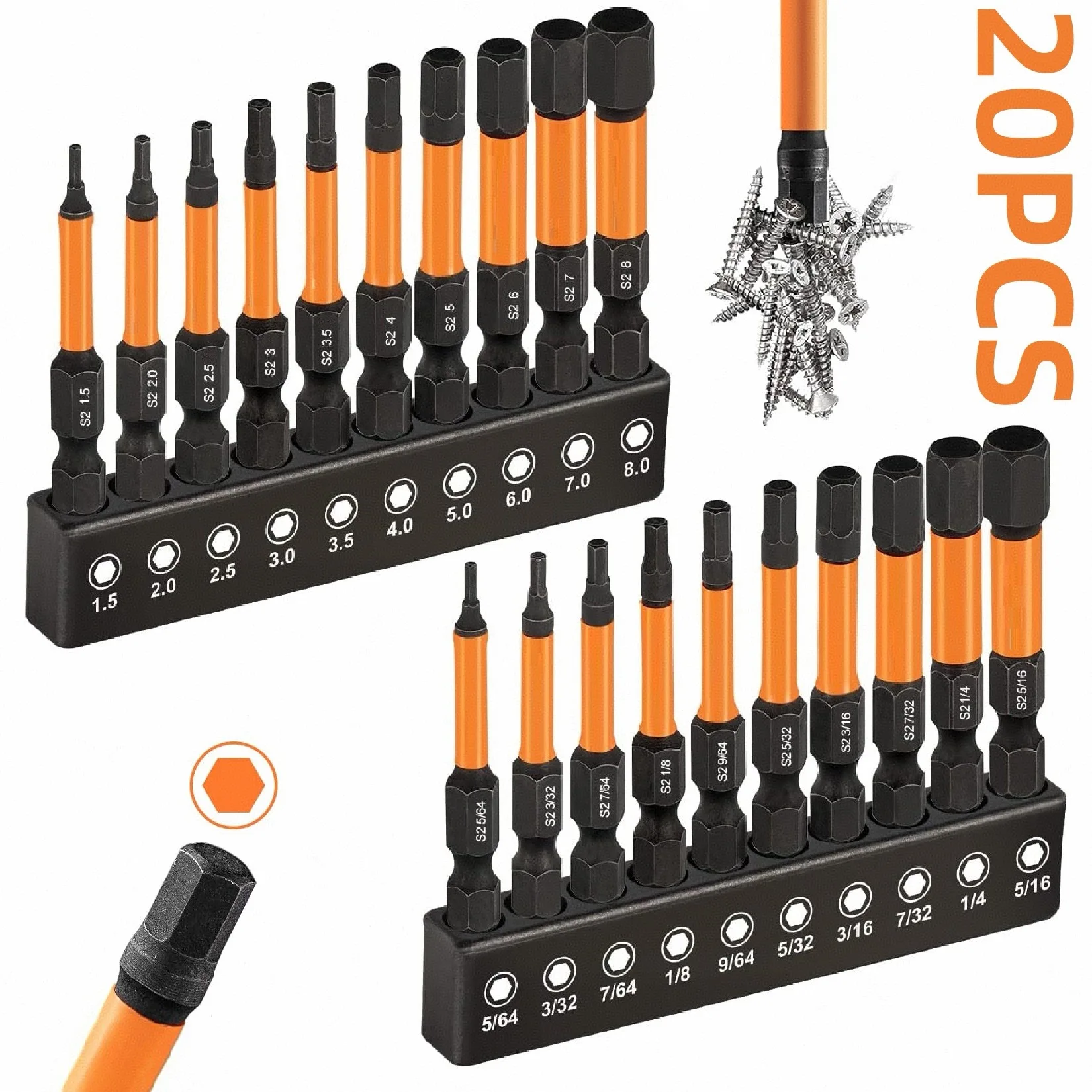 

20 шт., 1/4 дюйма, шестигранный хвостовик, ударный, 50 мм, шестигранная головка, набор шестигранных ключей, магнитная отвертка, сверло, метрическая, Imperial SAE, быстроразъемный