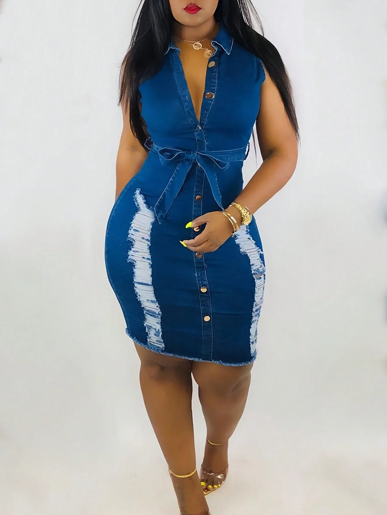 

Sleeveless Button-Up Denim Dress Women High Waisted Slim Fit Distressed Vintage Style
