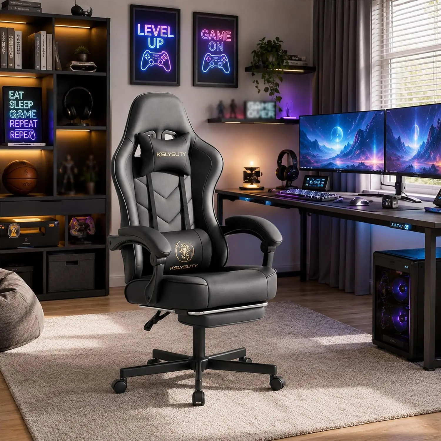 Office Desk Computer Gaming Chair for Adults, Ergonomic High Back Gamer Chair with Massage and Pocket Spring Cushion, Swivel Com view 2