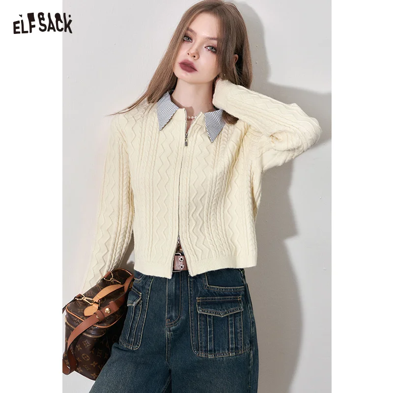 

ELFSACK Y2K Zip Up Spliced Knitwears Women 2023 Winter Korean Fashion Slim Tops