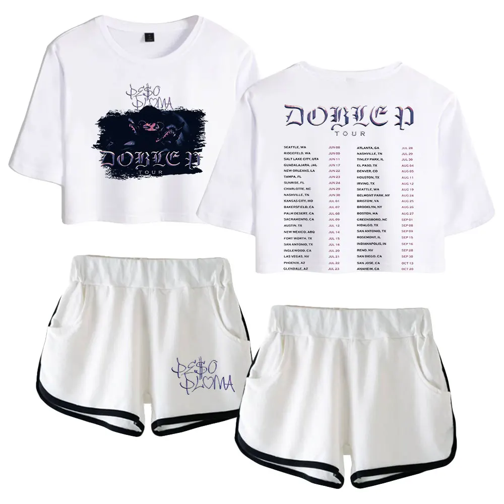 

2023 Peso Pluma Merch Hip Hop Rapper Two Piece Set Female Cropped Top Navel Tshirt+Shorts World Tour Women's Set