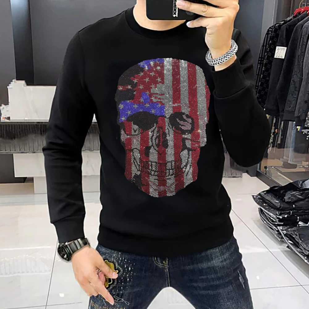 

New Men's Rhinestone Pullover Skull Sweatshirt Fashion Trendy Crew Neck Long Sleeve Streetwear Casual Pullover Top Male Clothing