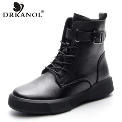 DRKANOL stivali da donna in stile retrò fatti a mano 2024 scarpe calde di peluche in vera pelle bovina di alta qualità stivaletti Casual con tacco piatto invernale