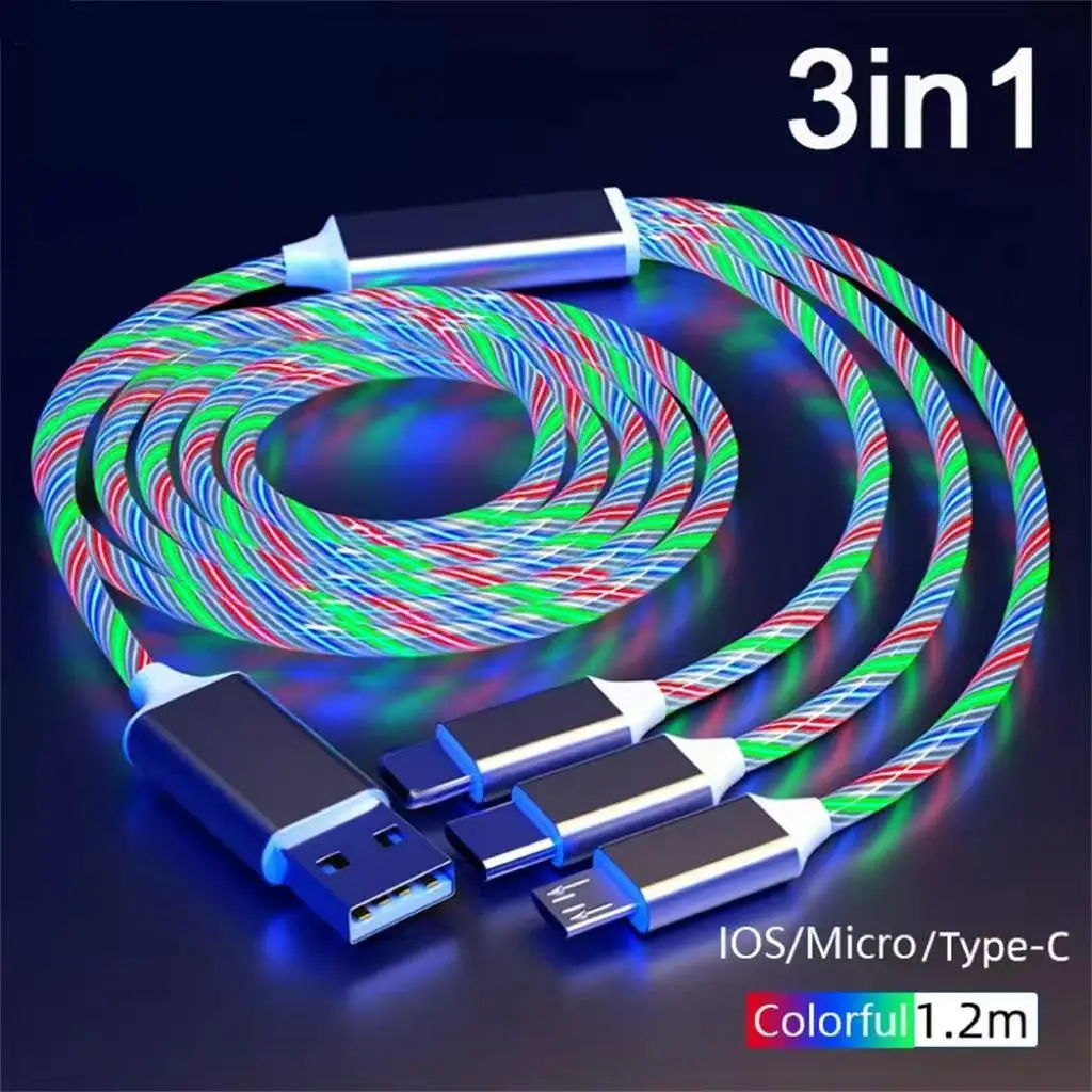 Cabo USB 3 em 1 com LED luminoso para carregamento rápido de celular, cabo luminoso tipo C para Xiaomi, iPhone e outros acessórios para telefone.