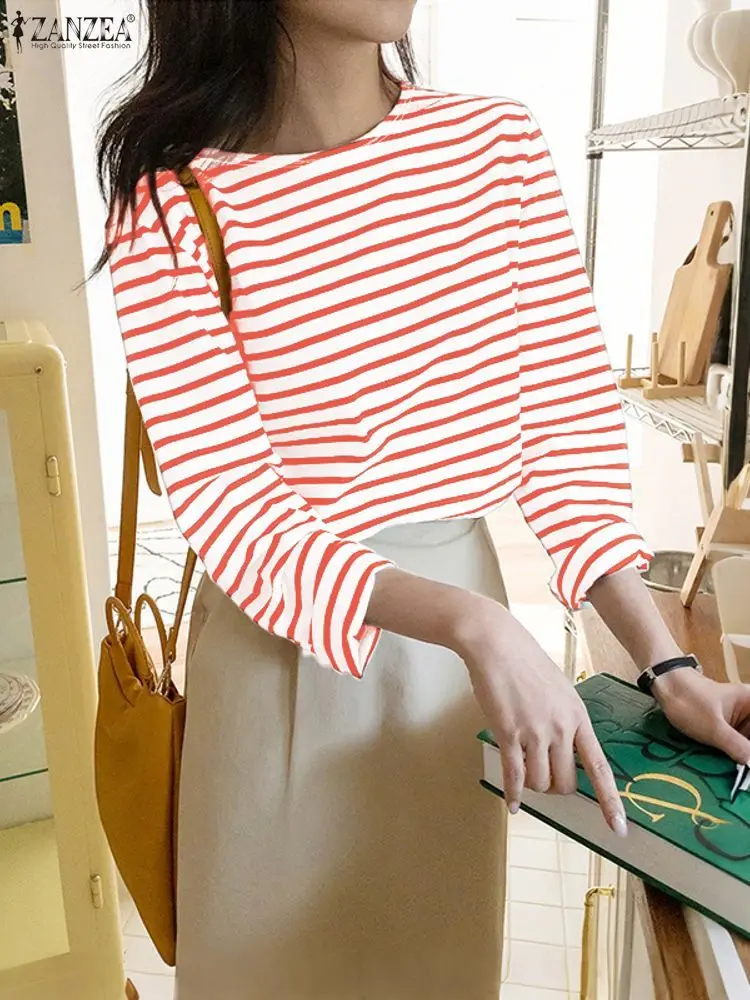 Bluzka w paski ZANZEA damska z okrągłym dekoltem, długi rękaw, luźna, oversize, elegancka koszula do pracy, tunika, jesień 2025