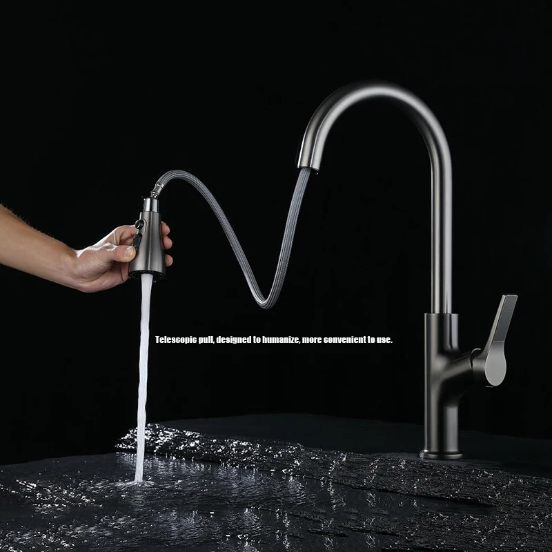 Gun Gray Kitchen Can Pull 360° Rotation Three Functions Out Of the Washing Fruit And Vegetable Basin Cold And Hot Water Faucet