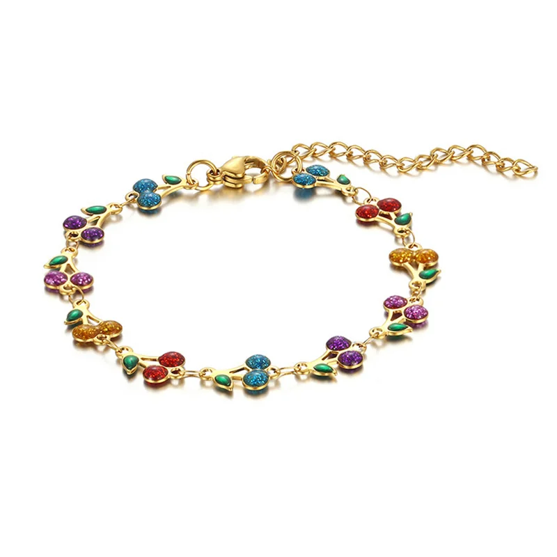 Süßes, niedliches Kirsch-Armband für Damen, Edelstahl-Kettenglied, goldfarben, modisch, bunt, Früchte, Schmuck, Accessoires, Geschenk – Detail 5