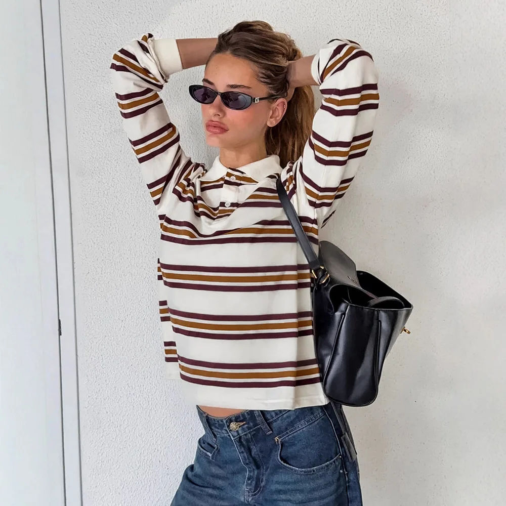 

Summer Polo Shirts Woman Long Sleeve Tops Women Striped Vintage Clothes Polo Shirts Mujer Streetwear Casual Round Neck Tops