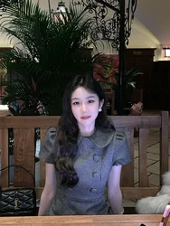 Spring New Style Korean Pure Color Waist-Cinched A-Line Dress Double-Breasted Doll Collar Plaid Woolen Dress for Women