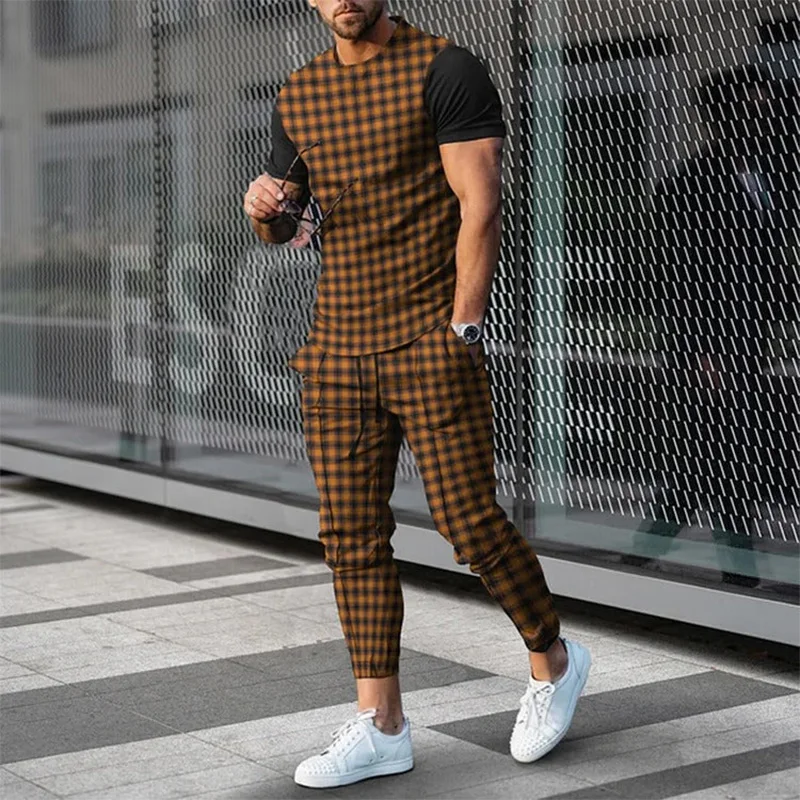 2 Piece Set Outfits Men\'s Trousers Tracksuit 3D Printed Jogger Sportswear Summer Short Sleeve T Shirt+Long Pants Street Clothes