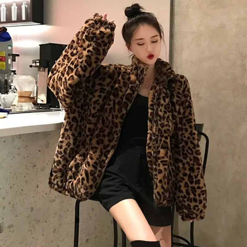 Imitation Fur Coat for Women, Loose Oversized Fuzzy Parkas, Vintage Leopard Stand Neck, Zipper Jacket, Casual Streetwear, Winter