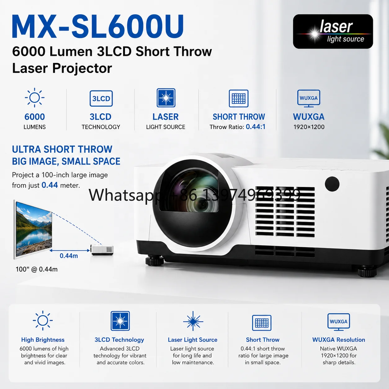 6000 Lumens Short Throw Laser Projector 3LCD WUXGA 0.44:1 Large Screen Projector for Classroom Meeting Room Exhibition