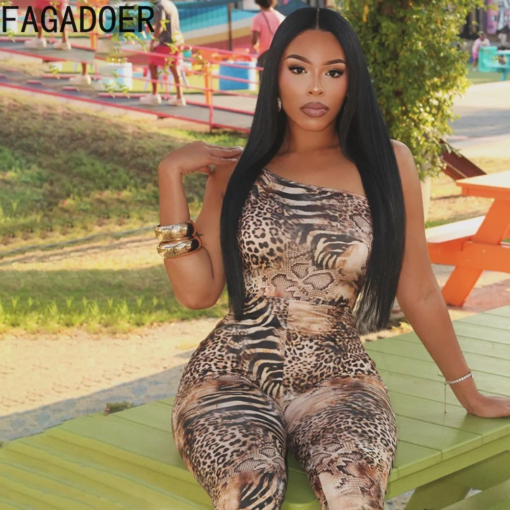FAGADOER Sexy Leopard Print Bodycon Jumpsuit Women Inclined Shoulder Sleeveless Backless Rompers Female Streetwear Overalls New