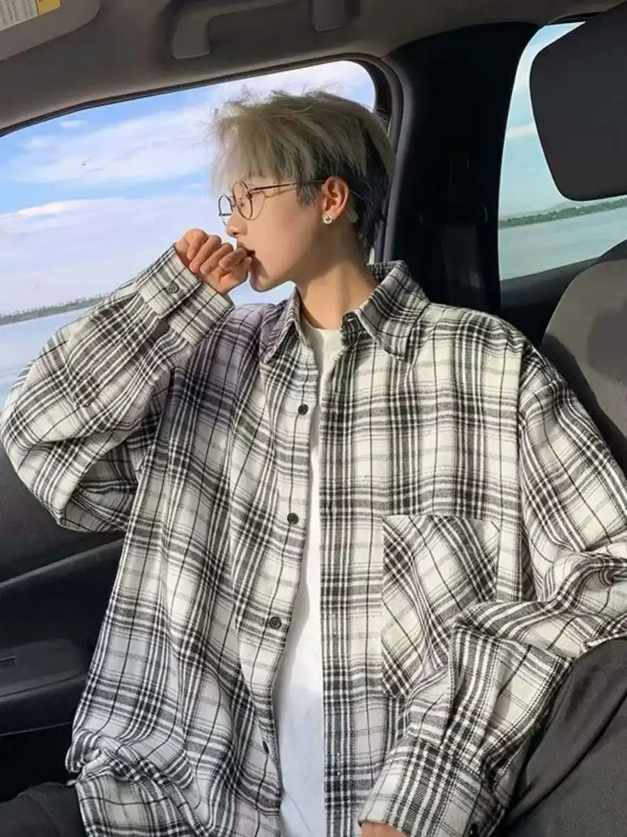 

Loose Long Sleeve Plaid Couple Casual Shirt Men's Spring New Style Design Teenagers Leisure Outerwear Jacket Boys Shirt