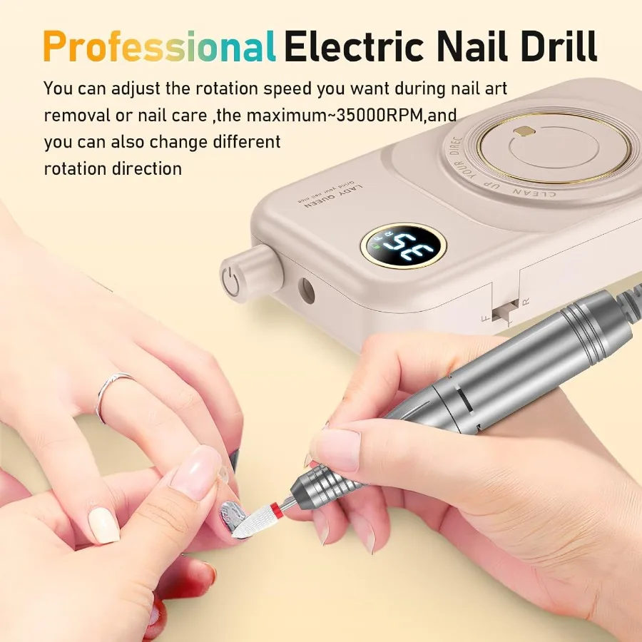 Portable Electric Nail Drill with 35000RPM Speed for Professional Manicure and Gel Polish Removal: Rechargeable Cordless EFile