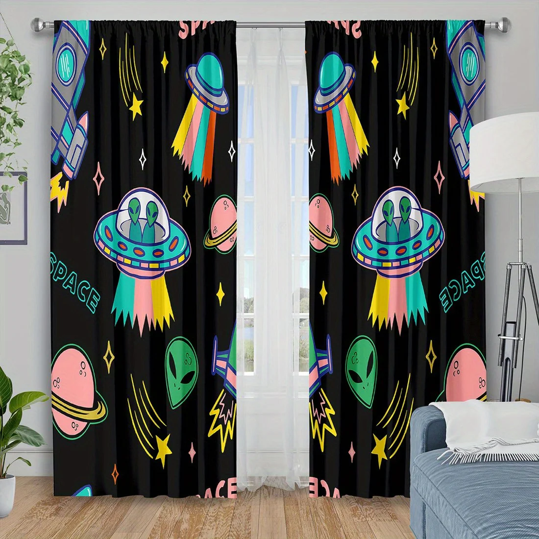 Cartoon UFO Alien Curtain, Colorful Space Planet Print Drape, Kids Bedroom Window Treatment, Sci-Fi Style Home Decor