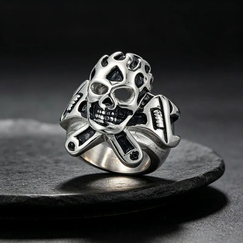 Kalen Gothic Vintage Skull Wrench Biker Ring for Men Stainless Steel Punk Rock Motorcycle Heavy Duty Male Finger Band Jewelry