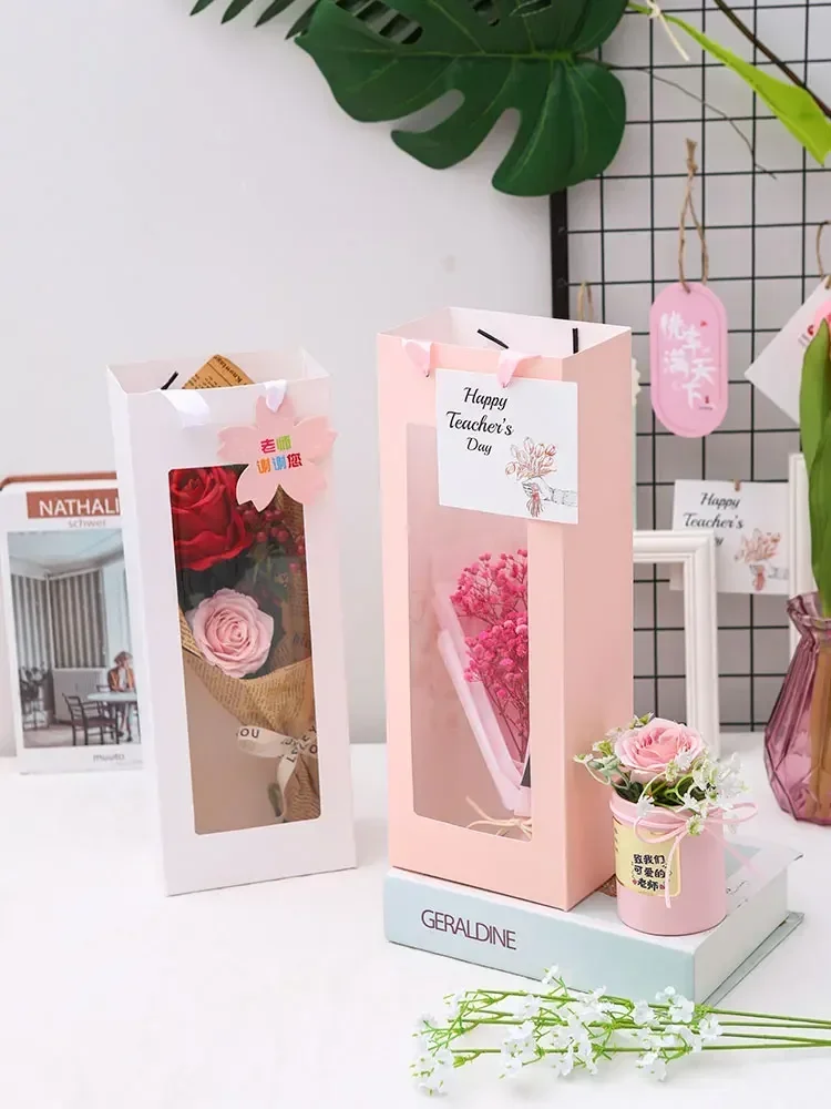 Bunga persegi panjang tahan air tas tangan Hari Valentine pernikahan pesta Showcase tas buket kemasan kotak kertas bunga