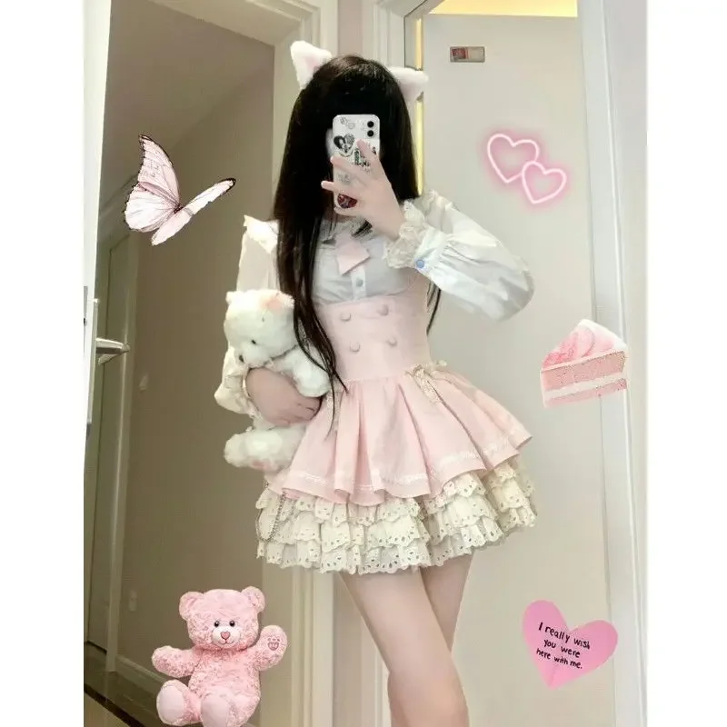 

Lolita Cute Girl Sweet Peter Pan Collar Lace Patchwork Blouse + High Waist Flounce Bubble Strap Dress Women Y2k Suits 2 Pcs Sets