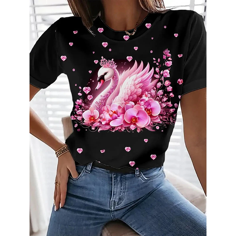

Summer Swan Butterfly T-Shirts Floral 3D Print Women's Casual O-Neck Short Sleeves T Shirt Y2k Harajuku Tees Top Female Clothing