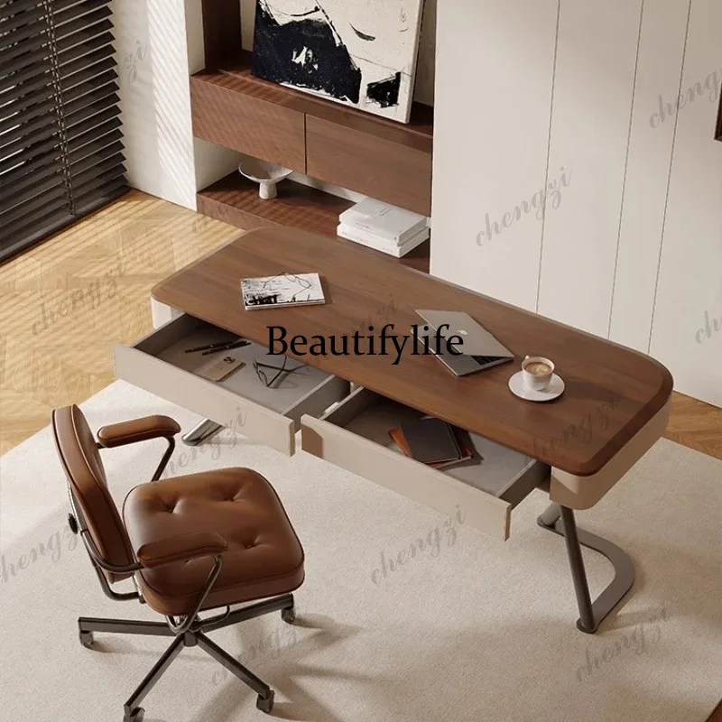 TTT  England Nordic Designer Office Desk Walnut-colored Desk Light Luxury Office Desk Modern Small-sized Office Furniture Mesa