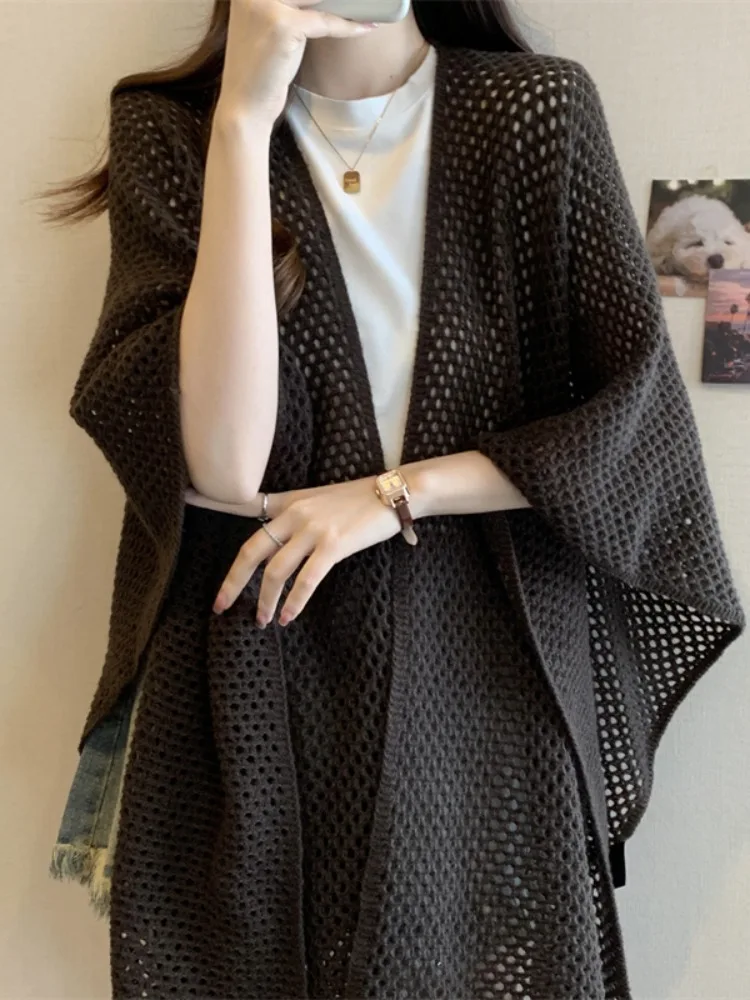 Maillard Brown plus Size Fat Sister Cape and Shawl Knitted Cardigan Women's Summer Coat Hollow Cloak Air Conditioning Shirt