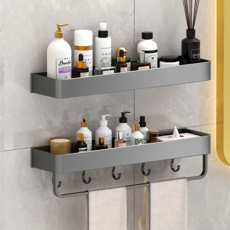 Shelves Wall Storage Square Rack Gray Aluminum With Bar Hook Towel Hanger Kitchen Spice Holder Organizer Accessories