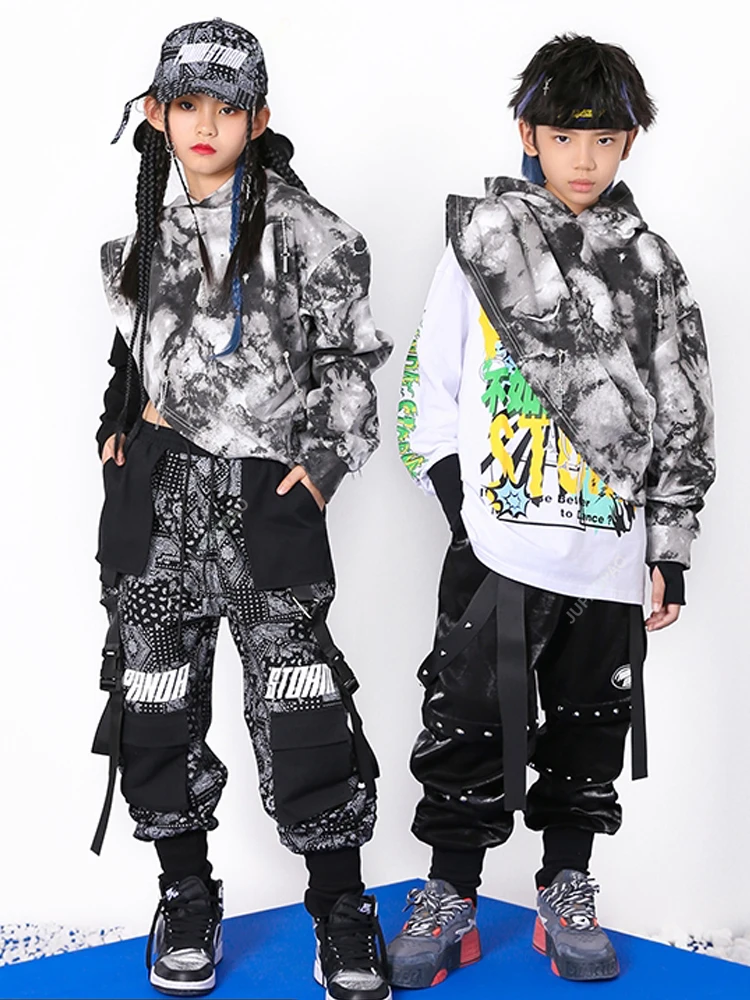 

New Fashion Hip Hop Dance Costume For Kids Grey Tie Dyeing Tops Black Cargo Pants Girls Boys Hiphop Performance Outfit