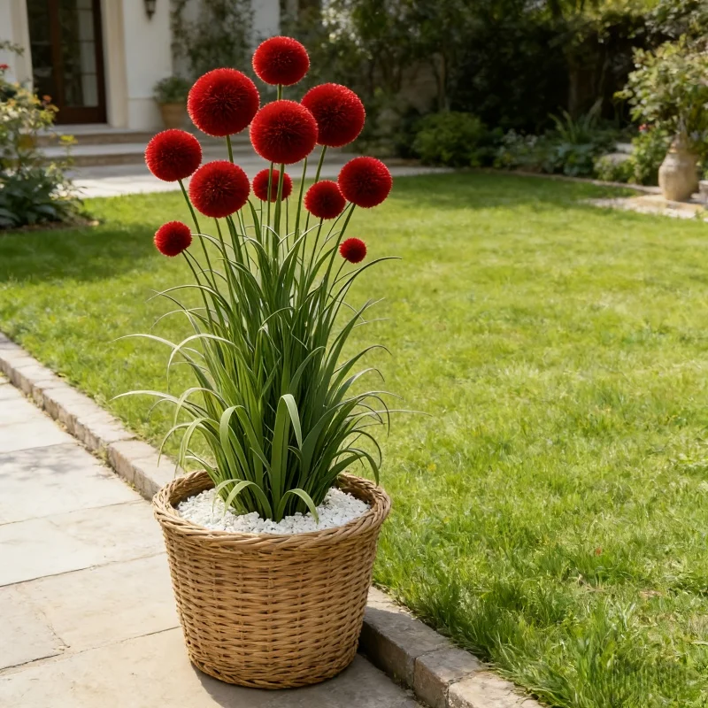 4 Pieces = 12 Stems, Vase Not Included. Artificial Simulated Reed Ball-Stem Grass, Realistic Red Ball Flowers, Suitable for Indoor and Outdoor Decoration, Perfect for Home, Hotel, Office, Weddings, Parties, Home Gardens, Porches, Cottages, Courtyards, Cafes, Very Suitable for Mother's Day, Father's Day, Earth Day, May 5Th, Graduation Season - view 4