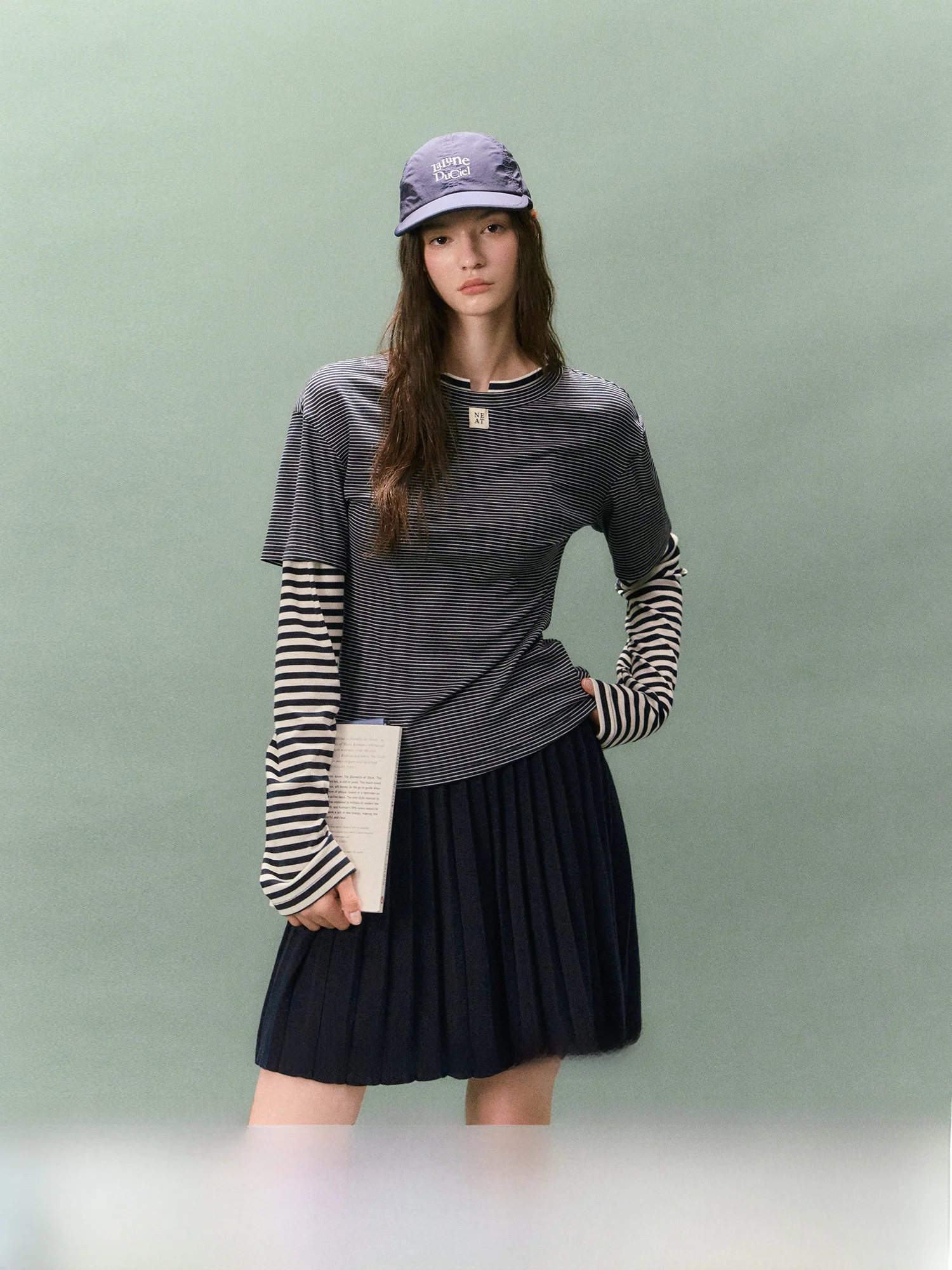 

LaluneDuCiel Simple Moon Series Women's Casual round Ne T-irt Rayon Striped Fake Two-Piece Top Comfortable Long Sve