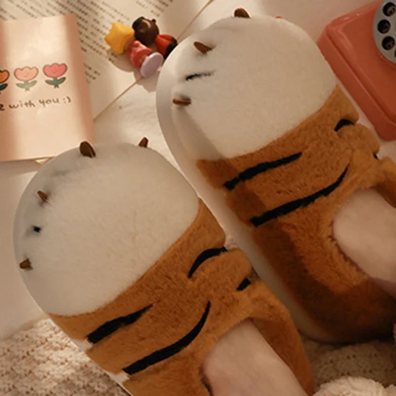 Cute Funny Tiger Paw Plush Slippers Winter Warm Fluffy Fur Women Slippers Flat Non-Slip Fuzzy Slippers Kawaii Animals Pantuflas