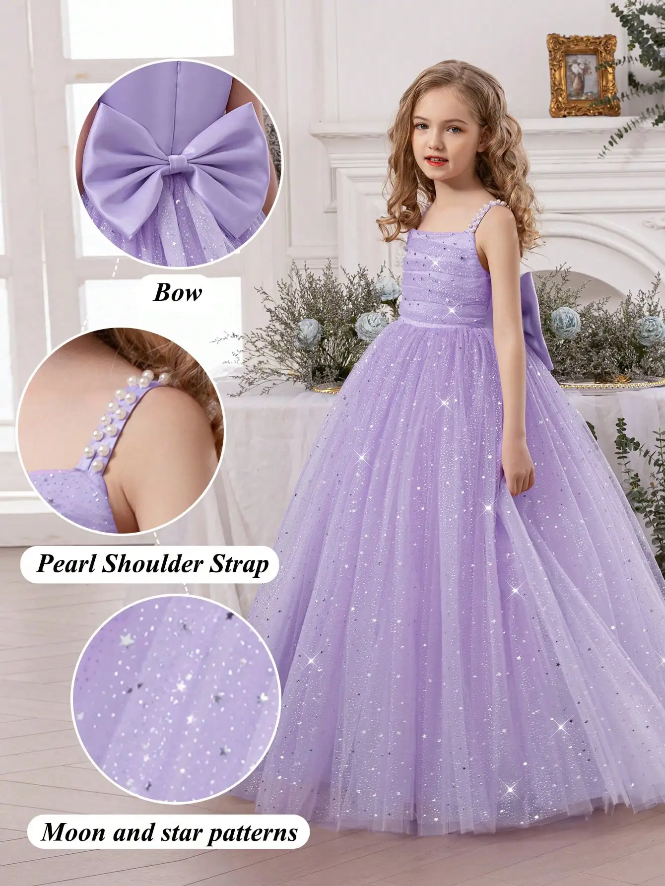

Lavender Star Mesh Ball Gown Dress With Pearl Strap And 3D Bow