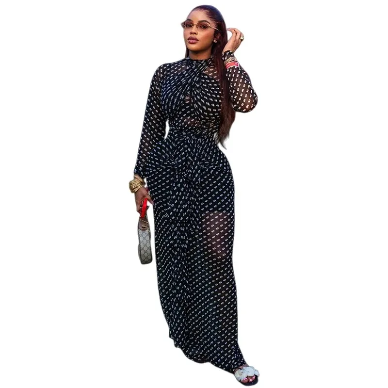 

Women's Dot Print Turtleneck Long Sleeve Waistband Hips Wrapped Gauze Spliced Long Dress, Sight Perspective, Sexy