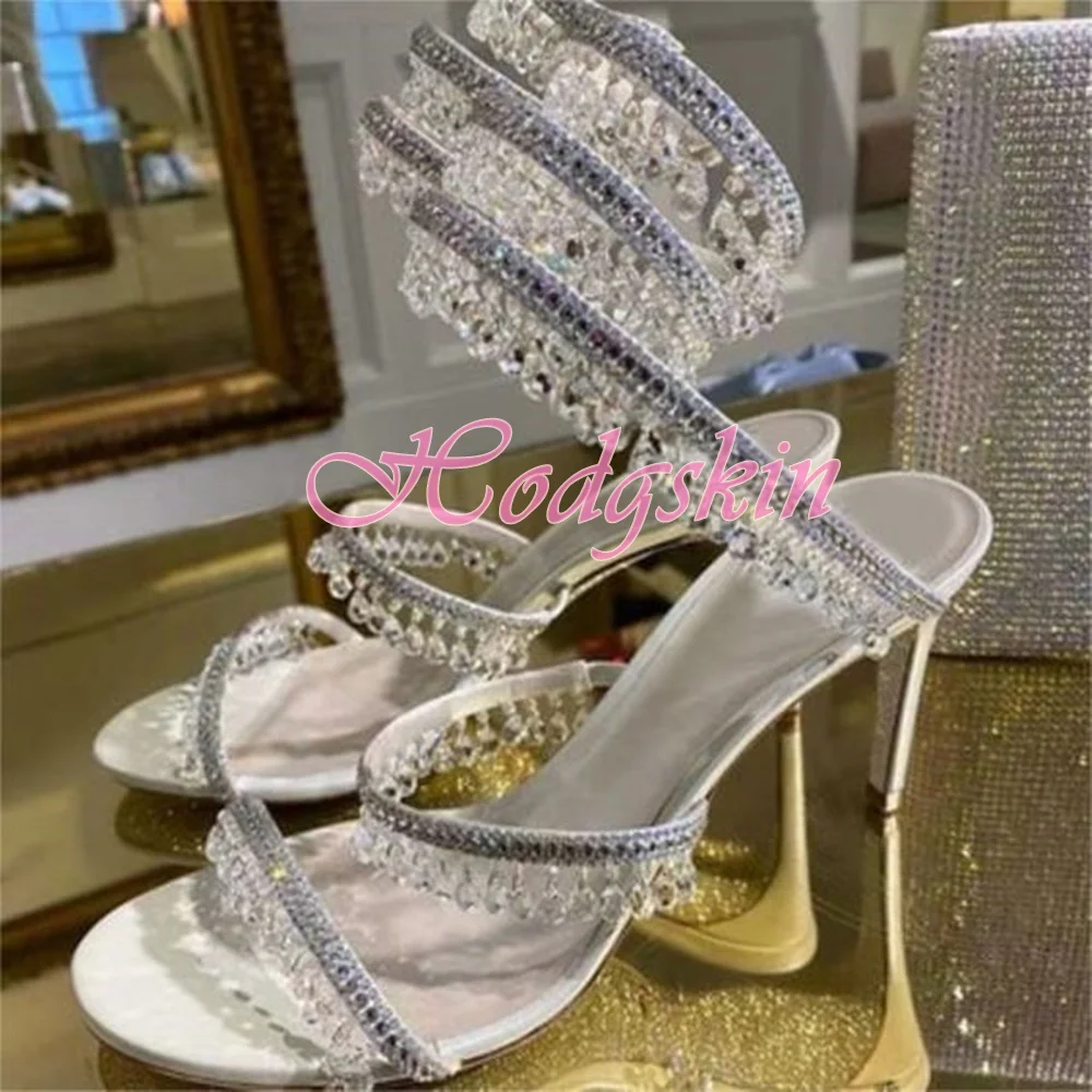 Crystal Bead Twine Sandals Open Toe Straps Solid Women Sexy Shoes Slip On Wrapped Stiletto Heels Summer Party Dress Sandals New