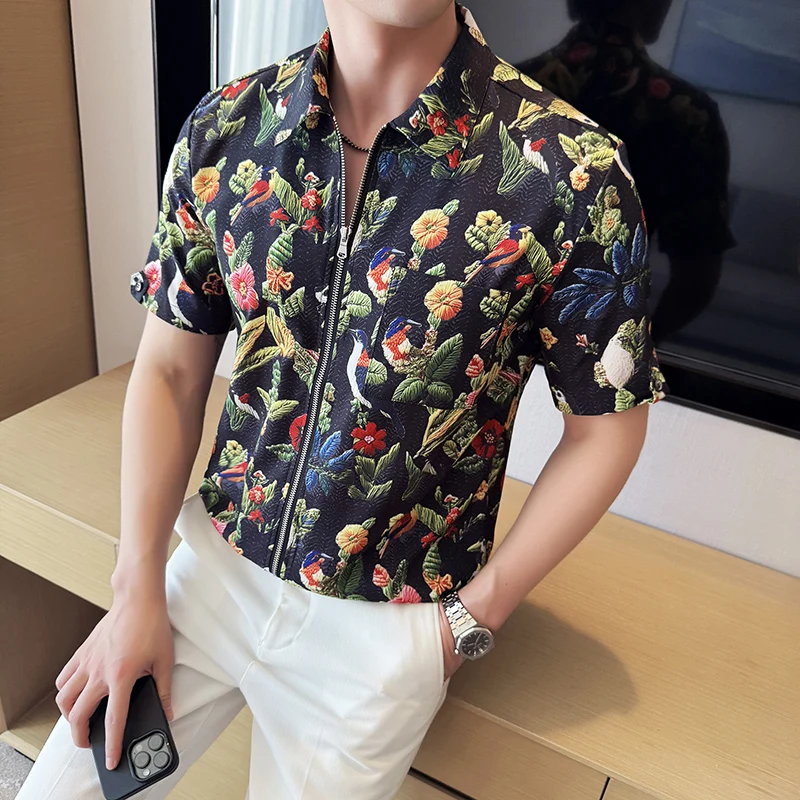 Luxury Printed Men's Zipper Shirt Summer Short Sleeved Jacket Ice Silk Elastic Casual Business Shirt Social Streetwear Tops 2025
