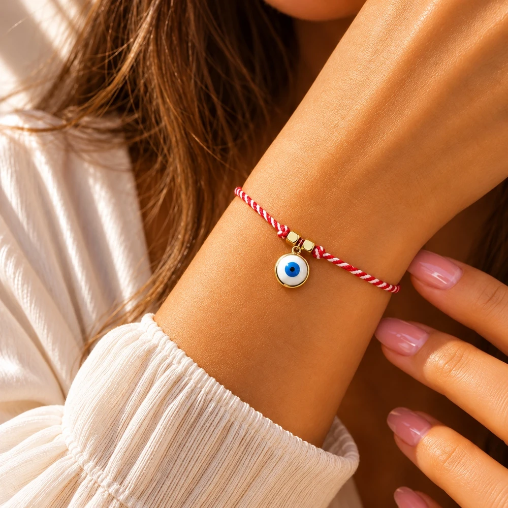 1pc Red and White Twisted Cord Strand Bracelet with Blue Evil Eye Round Charm Adjustable Lace-Up Trendy Style Design