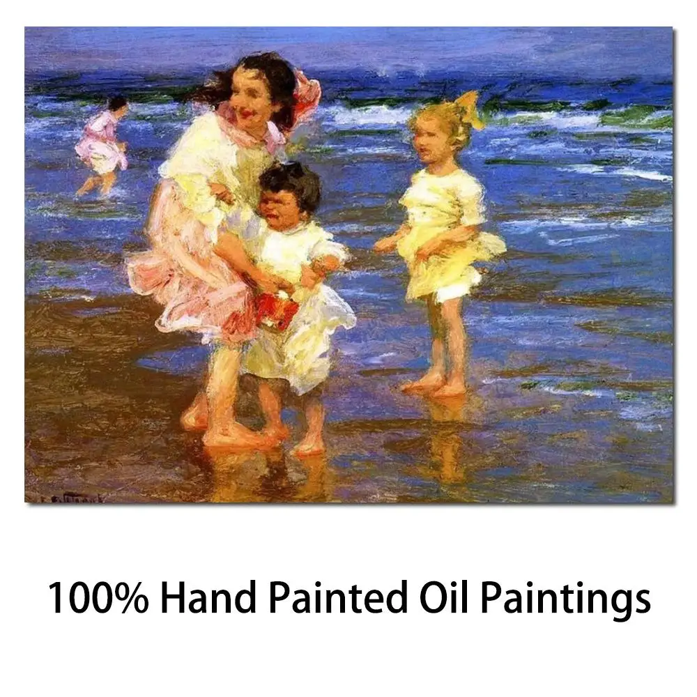 

Handmade Canvas Art Beach Oil Paintings Children Cold Feet Edward Henry Potthast Artwork High Quality Modern Seascape Home Decor