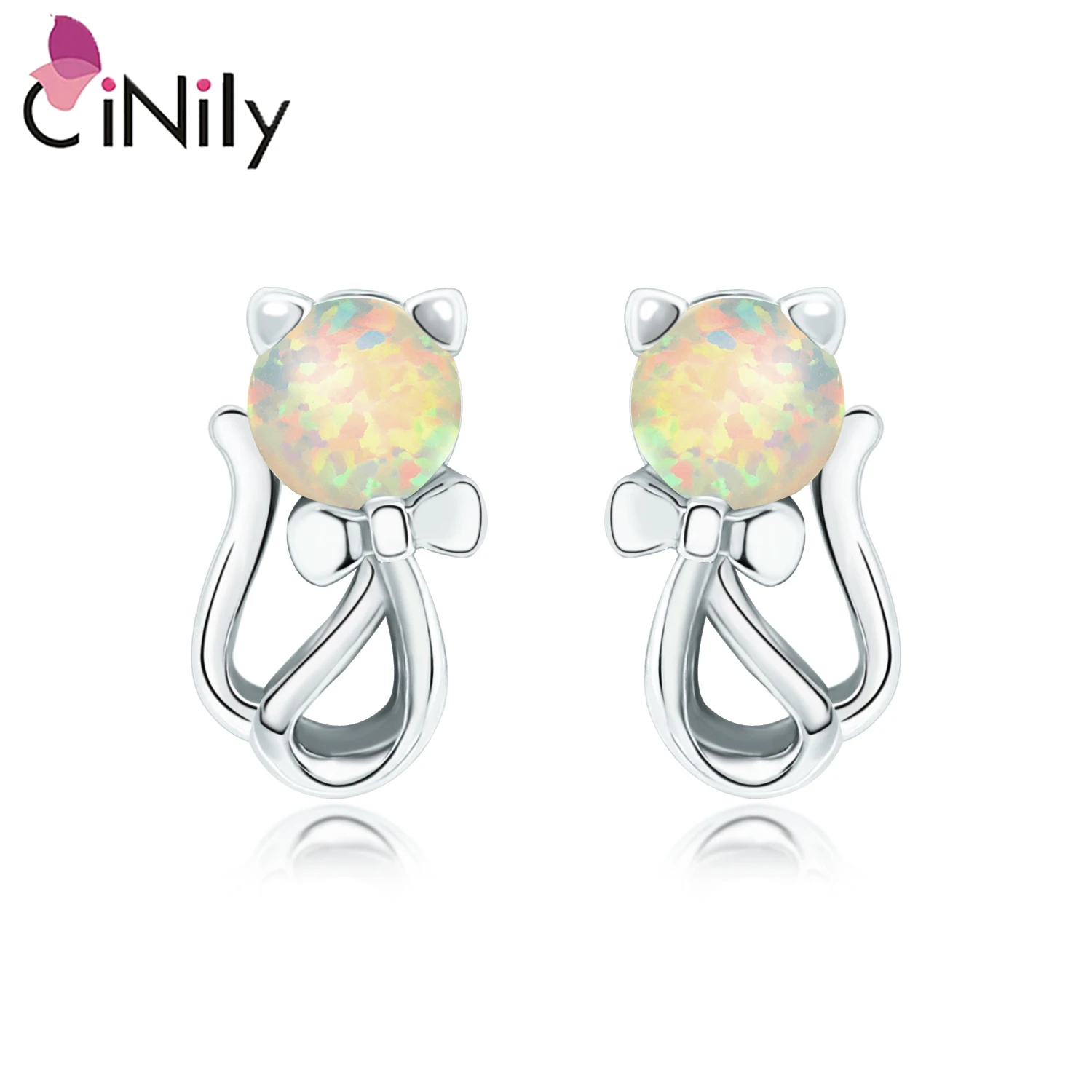 CiNily Created Blue&White Fire Opal Stud Earrings Silver Clolor Lovely Bow-knot Cat Earrings Cute Jewelry for Women Girls Gifts