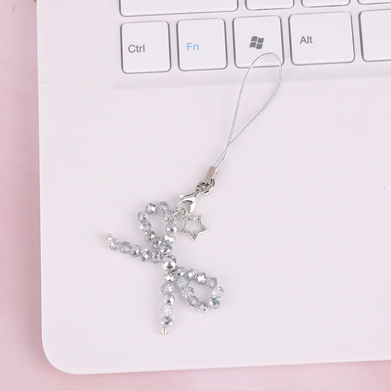 Y2K Korean Crystal Bow Phone Lanyard Bowknot Beaded Mobile Phone Chain Keychain For Girls Sweet Phone Charm