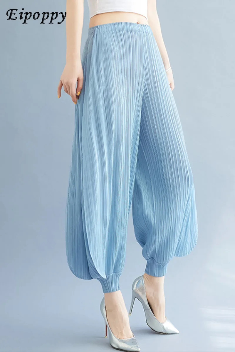 Bloomers de drapeados plissados femininos, emagrecimento solto na moda, calça casual fina com faixas no tornozelo