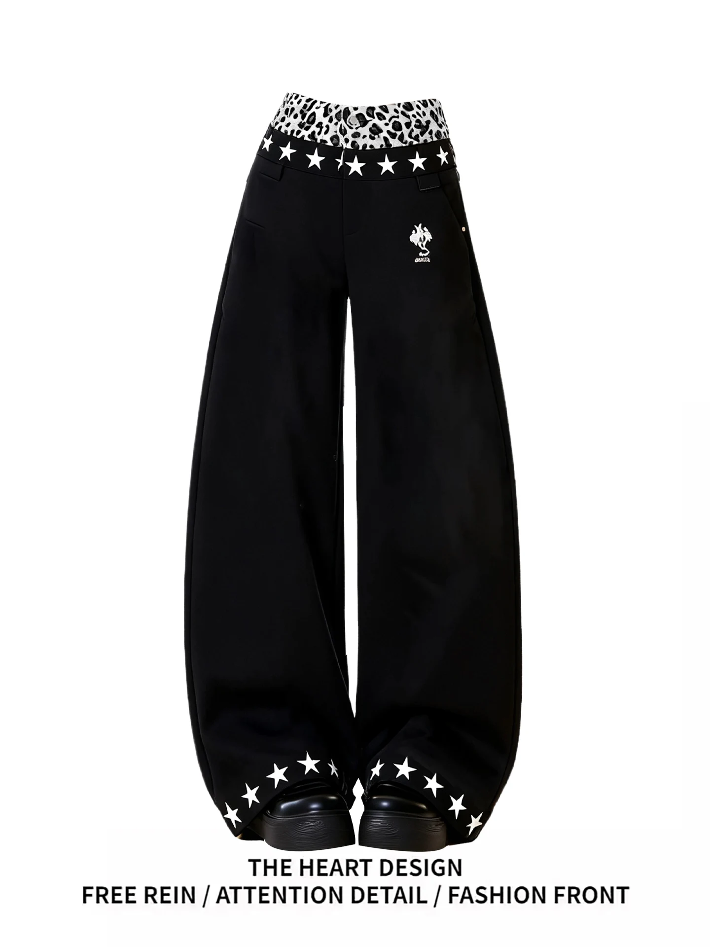 

Bla Wide Leg Pants Women's Denim Design Sensation Leopard Print Waisand Splice Sexy Star Print Floor-Length Trousers