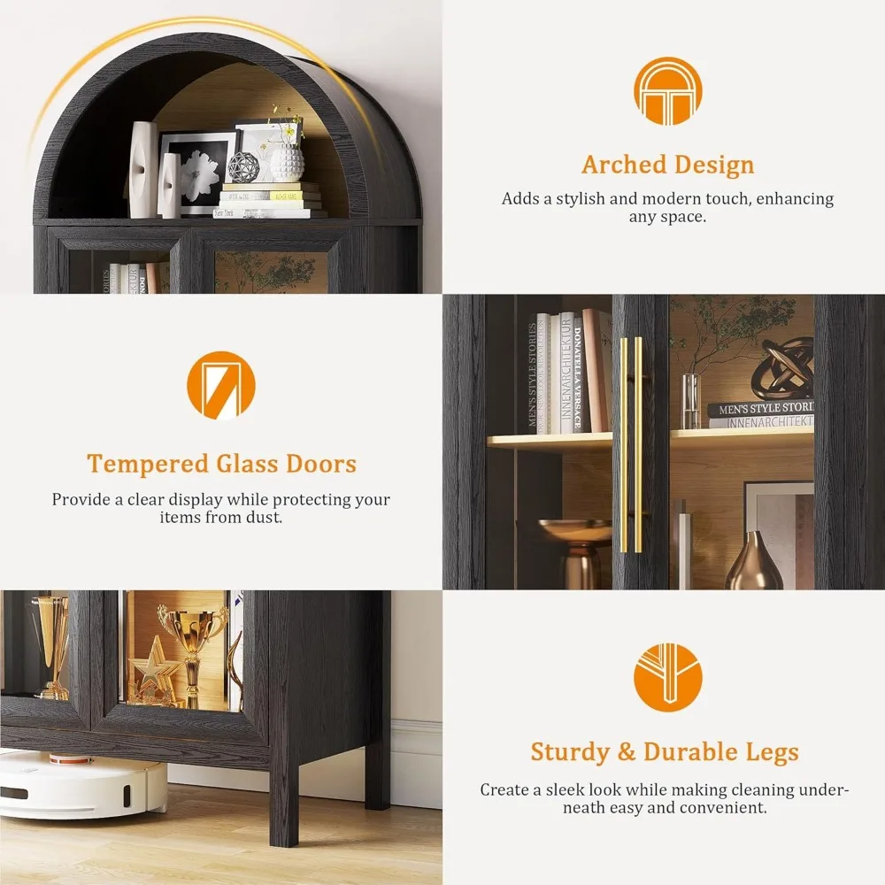 Arched Display Cabinet with Glass Doors, 68” Tall Bookcase 5-Tier Curio Storage Pantry Cabinet with 3 Color LED Lights for C