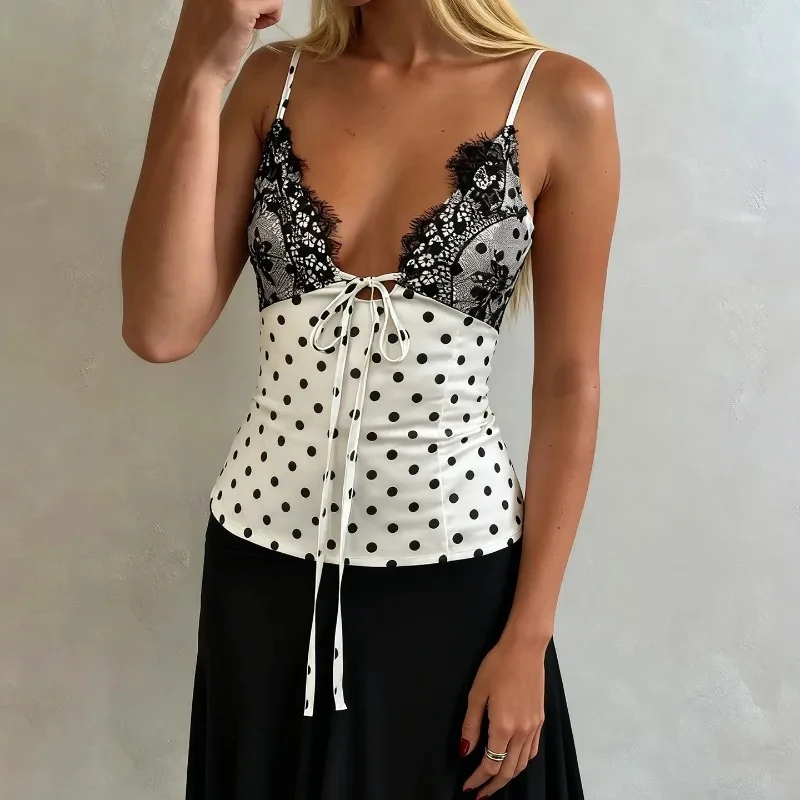 

BKQU Lace Patchwork Women Polka Dot Cami Top SexyV Neck Backless Slim Satin Tank Top Summer Y2k Party Elegant Vintage Clothes