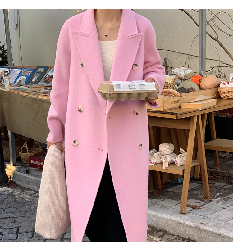 

Hand-sewed Women Double-sided Wool Cashmere Coat Long Casual Turn-down Collar Long Sleeve Coat Loose Fashion Fit Autumn Winter