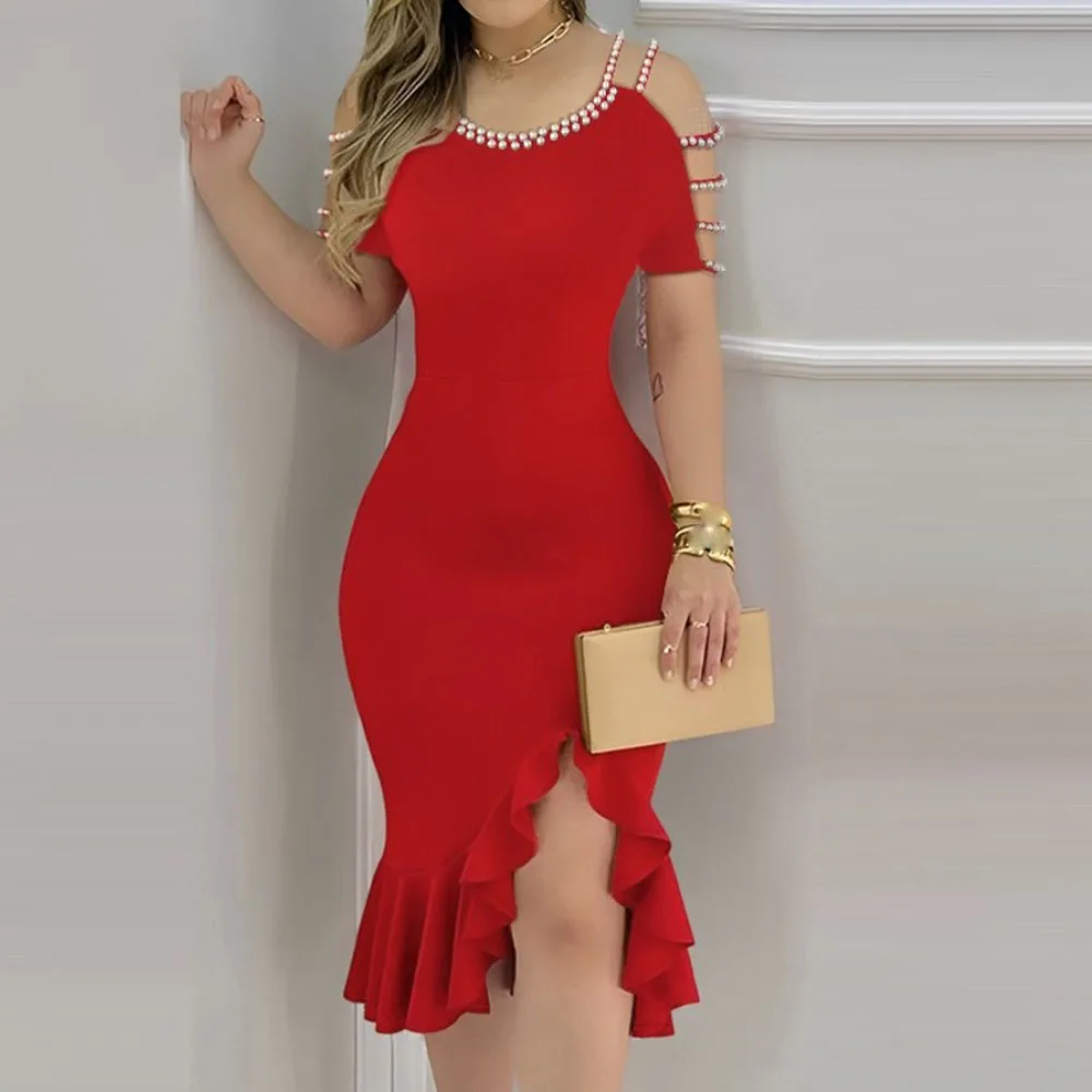 Summer Bodycon Dress Women's Fashion Sexy Ruffled Slit Pearl Hollow Out Sleeve Black Boho Dresses For Women Prom Vestidos New