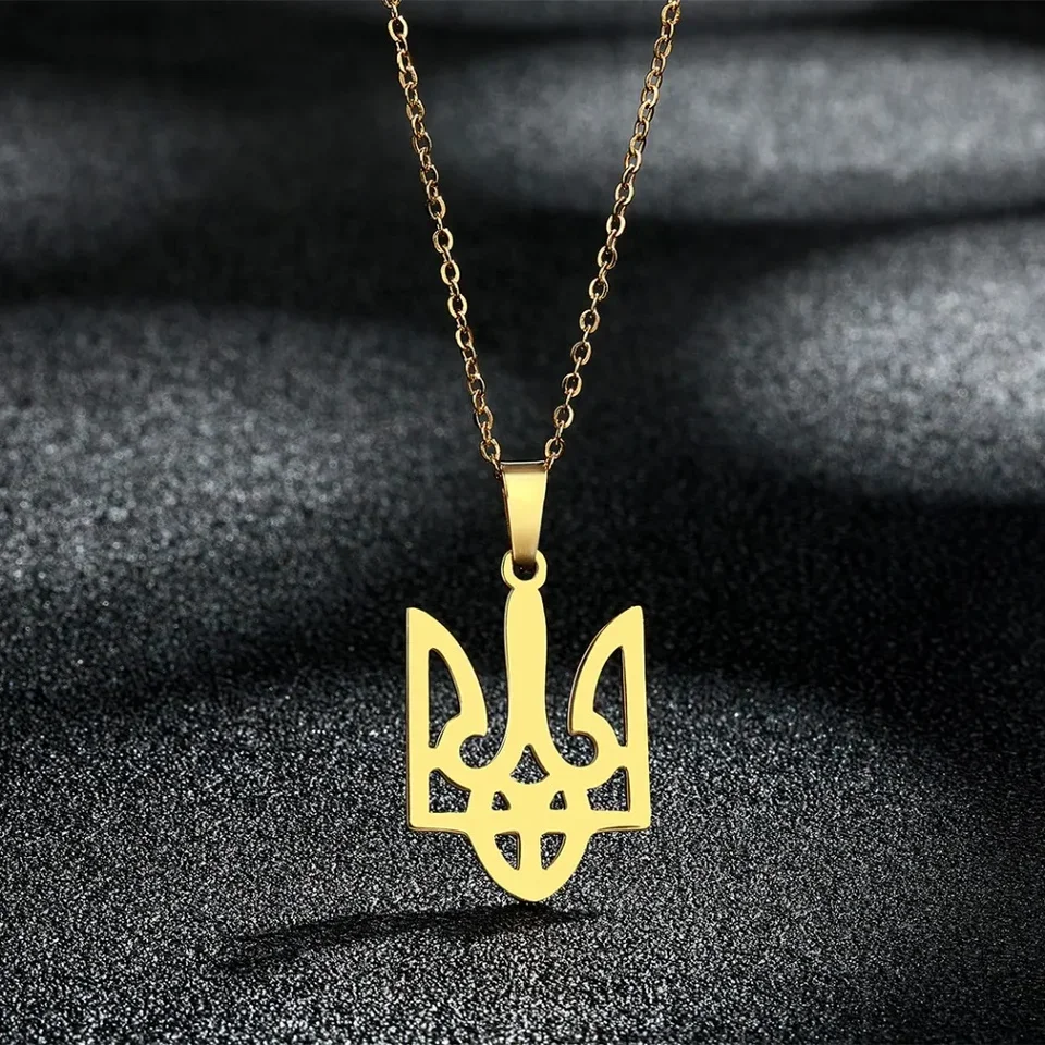 Hearts Gold Color Royal Crown Tryzub Ukraine Pendant Fashion Stainless Steel Chain Necklace for Women Men Jewelry Gift
