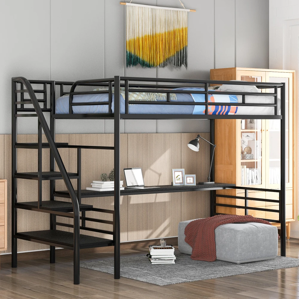 Children Beds Metal Loft Bed Frame Desk, No Box Spring Needed,Twin,Black Toddler Bed Children's Bed Bunk Beds for Kids Children