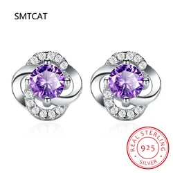 Round Genuine Purple Amethyst 925 Sterling Silver Four Leaf Clover Stud Earrings for Women Fashion Gemstone Jewelry Gift