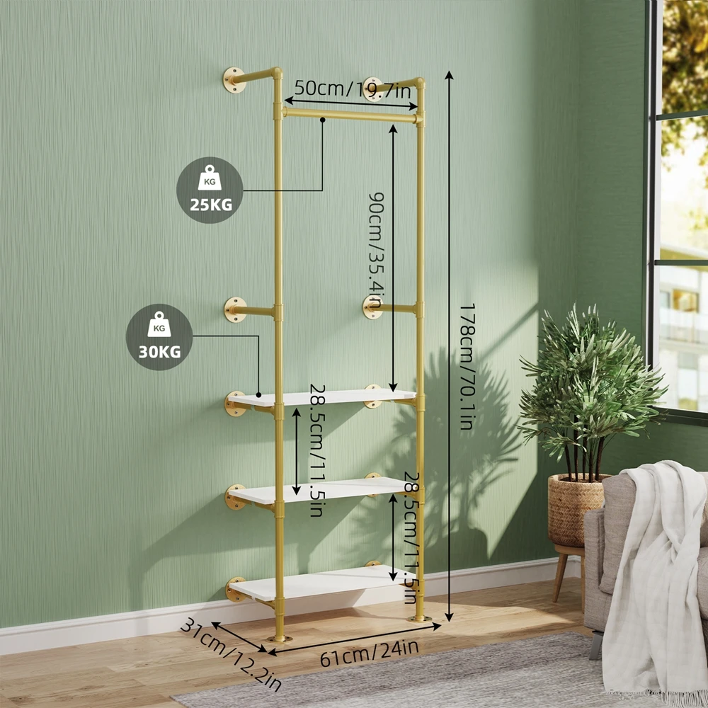 Industrial Pipe Clothing Rack Wall Mounted Gold Garment Rack with 3 Tier White Shelves