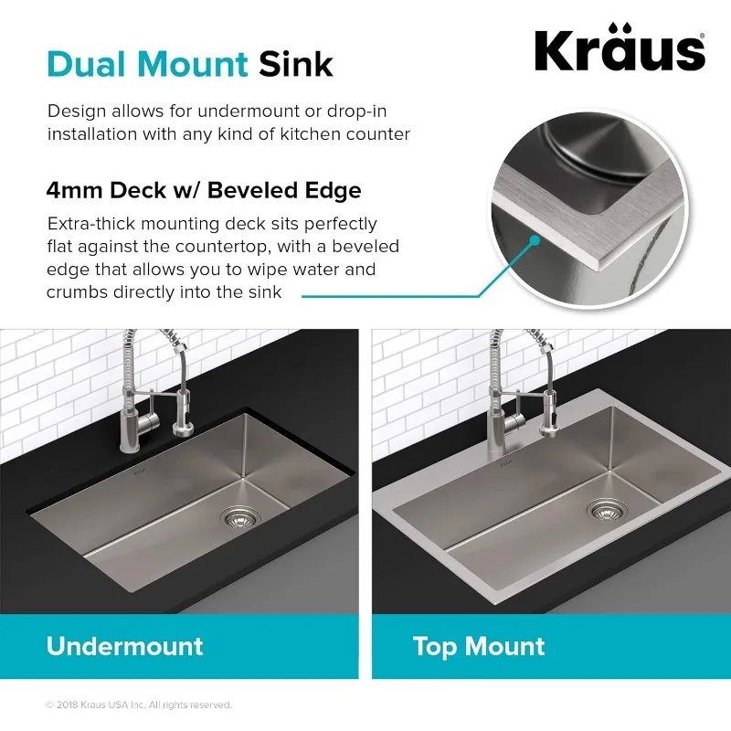 KRAUS Standard PRO 33-inch drop-in/undermount 16 gauge dubbele kom roestvrijstalen aanrecht met 2 gaten, KHT302-33